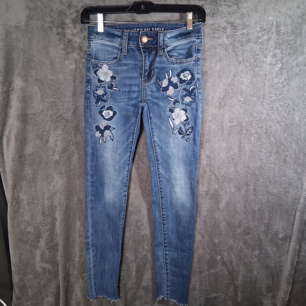 American Eagle Hi‎ Rise Jeggins Next Level Stretch Women's Size 00 Flower...